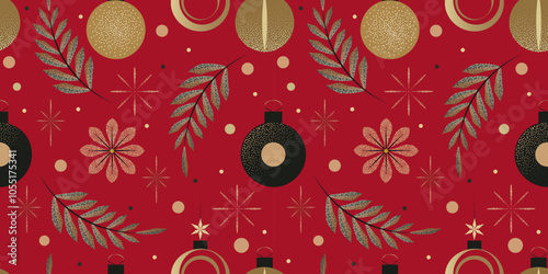 Seamless retro Christmas pattern with elegant ornaments, pine branches, and festive decorations in a soft color palette of red, gold, and black. Perfect for holiday-themed backgrounds, wrapping paper