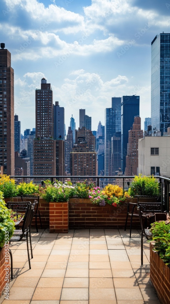 Fototapeta premium Stunning Rooftop Garden Overlooking a Vibrant City Skyline