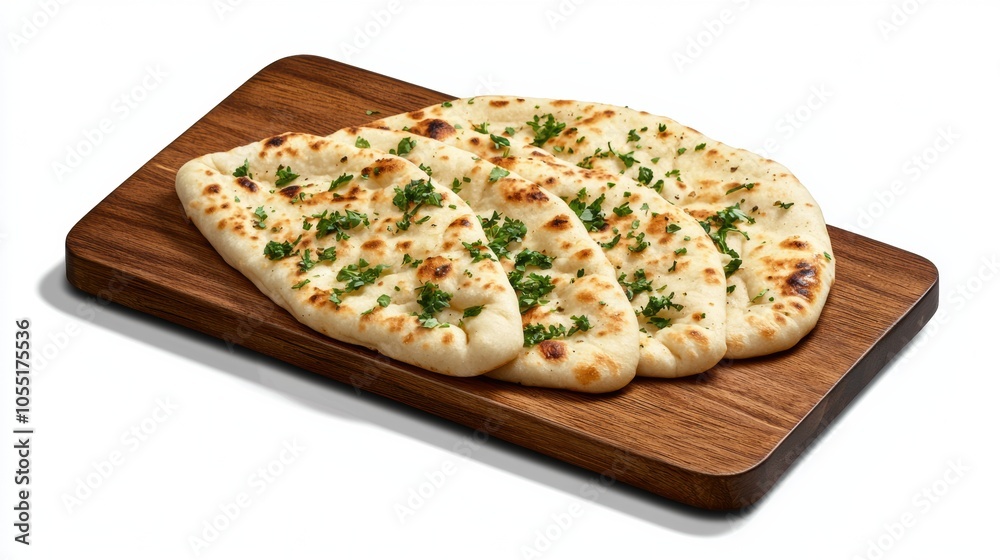 Freshly Baked Naan Bread on Wooden Serving Board Freshly Baked Naan Bread on Wooden Serving Board