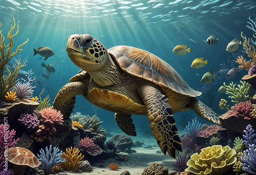 Illustration of a turtle surrounded by colorful corals and marine life	