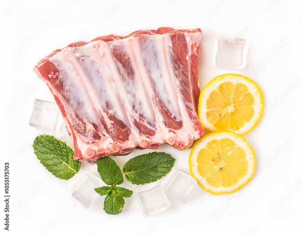 Fresh raw lamb ribs with ice, lemon and mint on white background Fresh raw lamb ribs with ice, lemon and mint on white background