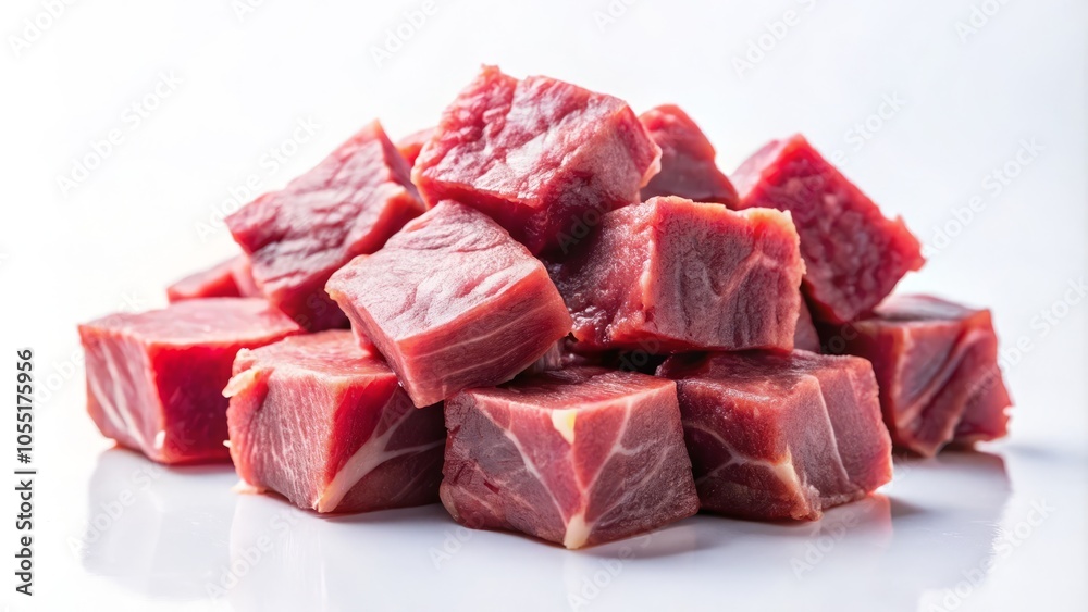 Double exposure shot of fresh diced beef fillet against a pristine white background, ideal for food photography, culinary artistry, and cooking inspiration. Captivating and vibrant. Double exposure shot of fresh diced beef fillet against a pristine white background, ideal for food photography, culinary artistry, and cooking inspiration. Captivating and vibrant.