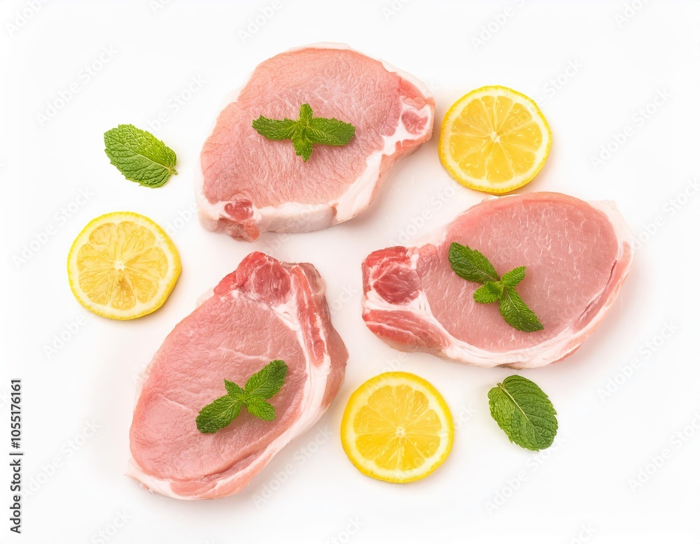 Fresh raw pork chops with lemon and mint on white background Fresh raw pork chops with lemon and mint on white background