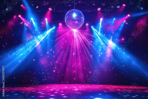 Wallpaper Mural Disco ball hanging over empty stage illuminated by blue and pink lights Torontodigital.ca