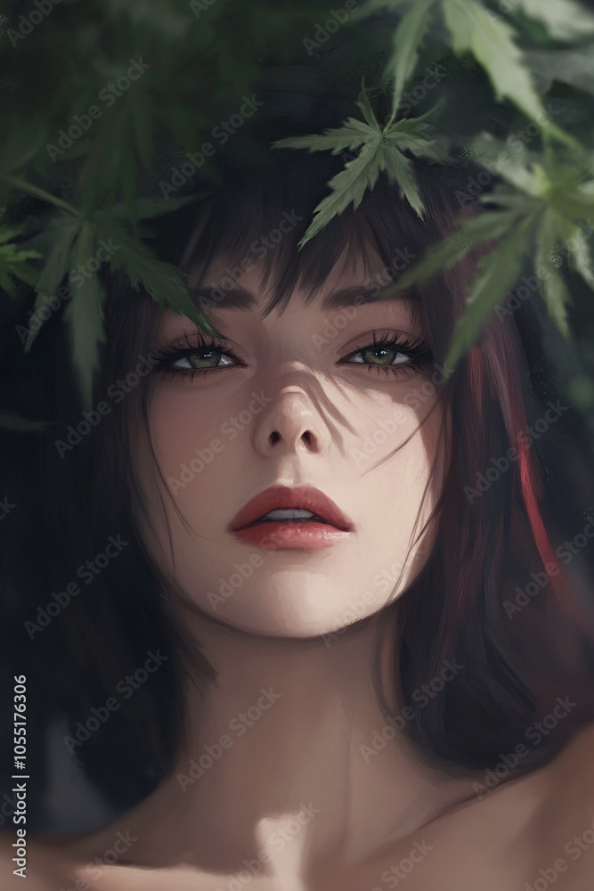 Woman with Leaves in Hair: A Captivating Digital Portrait Woman with Leaves in Hair: A Captivating Digital Portrait