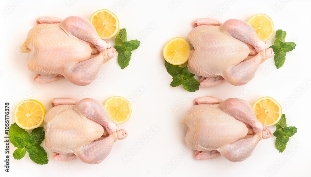 Four raw chickens with mint and lemon slices on white background Four raw chickens with mint and lemon slices on white background