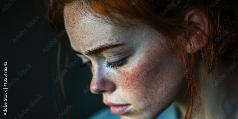 Captivating Close-Up Portrait of a Young Woman with Freckles and Red Hair Highlighting Natural Beauty and Emotion Captivating Close-Up Portrait of a Young Woman with Freckles and Red Hair Highlighting Natural Beauty and Emotion