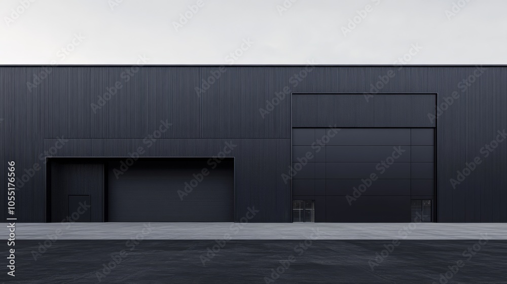 Modern Industrial Facade: A sleek and minimalist black warehouse exterior with two large garage doors. The building's modern design, with its clean lines and simple geometry. Modern Industrial Facade: A sleek and minimalist black warehouse exterior with two large garage doors. The building's modern design, with its clean lines and simple geometry.