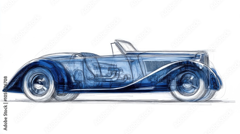 Fototapeta premium Classic Car Sketch, Blue Vintage Automobile Drawing, Detailed Illustration, Hand-Drawn, Retro, Automotive Art, Nostalgia, Motoring History