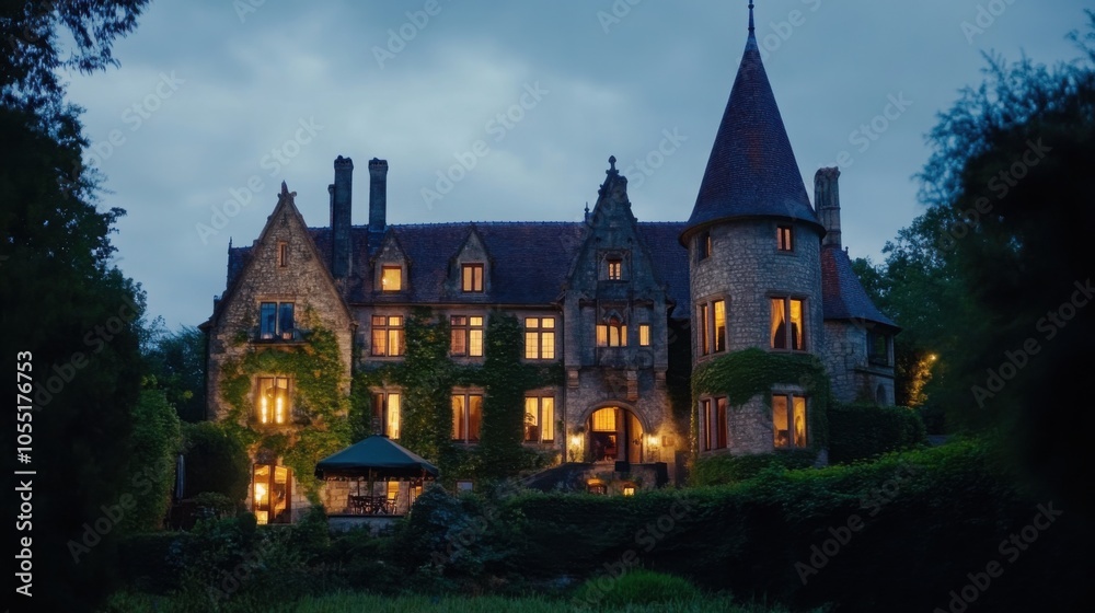 A castle under a twilight sky, illuminated by soft lights, with ivy-covered walls and tall turrets A castle under a twilight sky, illuminated by soft lights, with ivy-covered walls and tall turrets