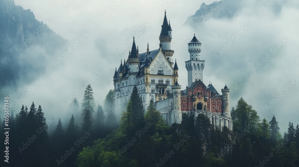 A grand fairytale castle perched on a mountain, with tall spires and towers A grand fairytale castle perched on a mountain, with tall spires and towers