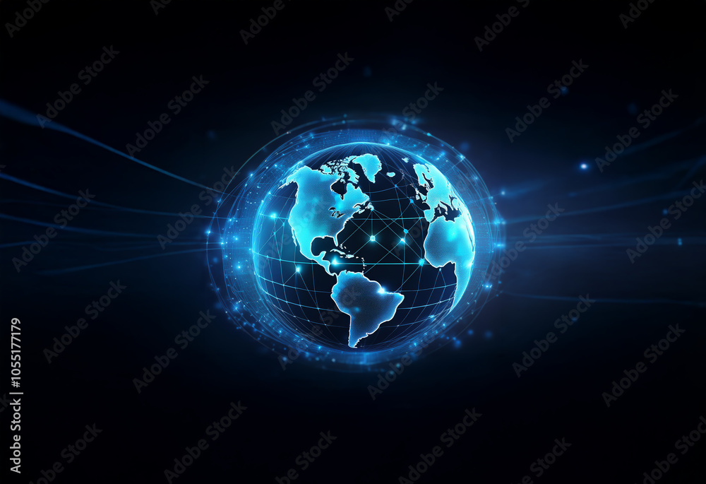 Fototapeta premium A glowing blue globe with interconnected lines representing global connectivity set against a black background.