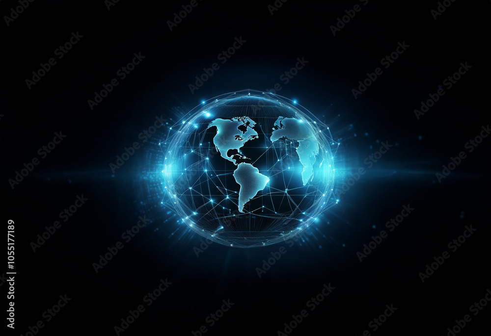 Fototapeta premium A glowing blue digital globe with a network of lines connecting different points on the world map.