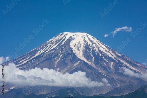 A majestic mountain with its snow-capped peak and rugged slopes