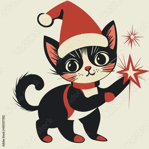 Festive Cat with Santa Hat and Sparkler