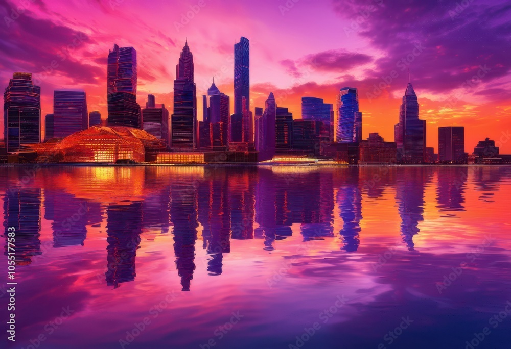 vibrant dynamic city skylines bathed sunset glow featuring striking reflections water colorful skies architectural wonders, architecture, buildings, urban vibrant dynamic city skylines bathed sunset glow featuring striking reflections water colorful skies architectural wonders, architecture, buildings, urban