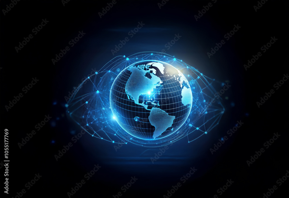 Obraz premium A stylized globe surrounded by a blue glowing ring of connected dots, resembling an eye, against a black background.