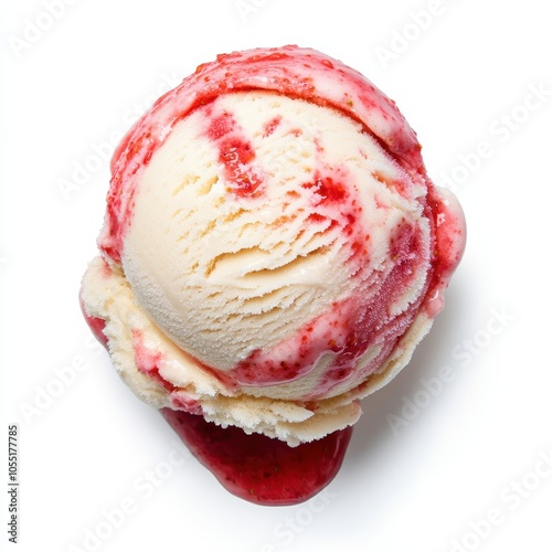 Isolated top view of a single scoop of cheesecake ice cream with strawberry swirl on a white background, showcasing creamy texture and delicious dessert appeal photo