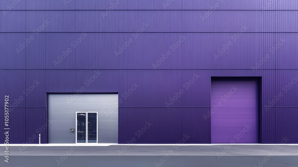 Side view of a minimalist industrial hangar warehouse with pure Dark Violet walls and a sturdy silver metal frame