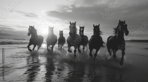 stampede of 7 colored majestic horses running through low water on a beach during a sunset, black and white 