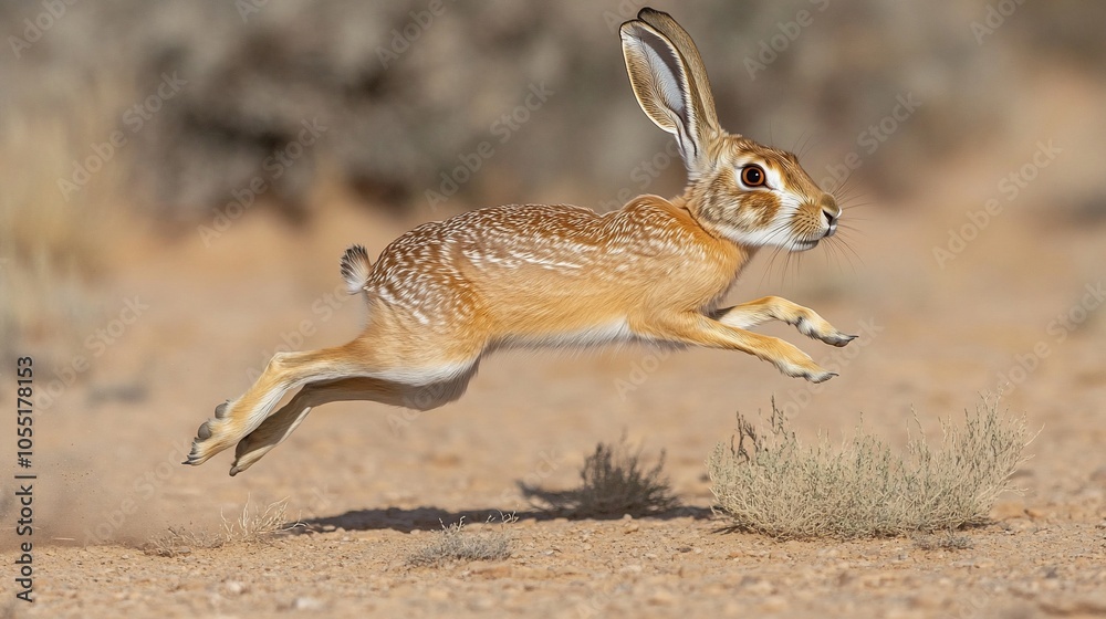 A brown and white hare leaps through the air, its long ears perked up and its powerful hind legs propelling it forward. A brown and white hare leaps through the air, its long ears perked up and its powerful hind legs propelling it forward.