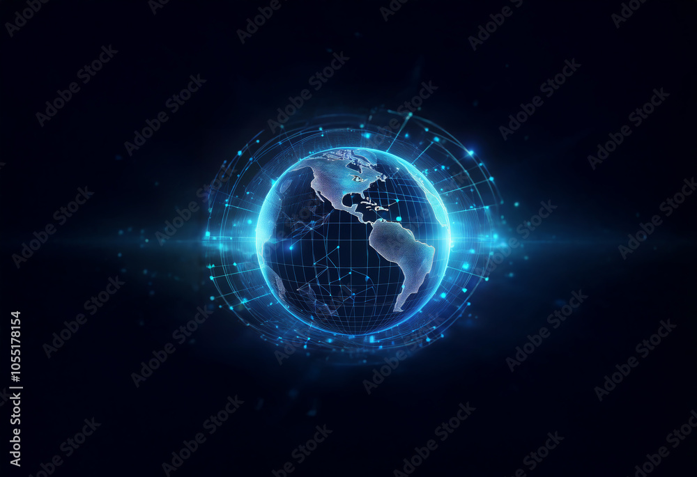 Obraz premium A glowing blue digital globe with a network of lines radiating out from it against a dark background.