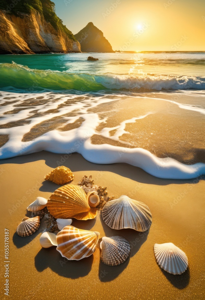 Obraz premium vibrant seashells resting smooth sandy beach beautiful natural backdrop breathtaking coastal scenery, ocean, shore, wave, texture, pattern, nature, summer