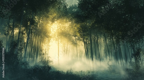 bamboo forest in the early morning, with shafts of light breaking through