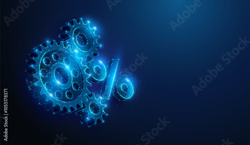 Abstract illustration of low poly 3d percentage model and gear. Blue geometric background depicting marketing, finance, investment business concept by wireframe connection structure