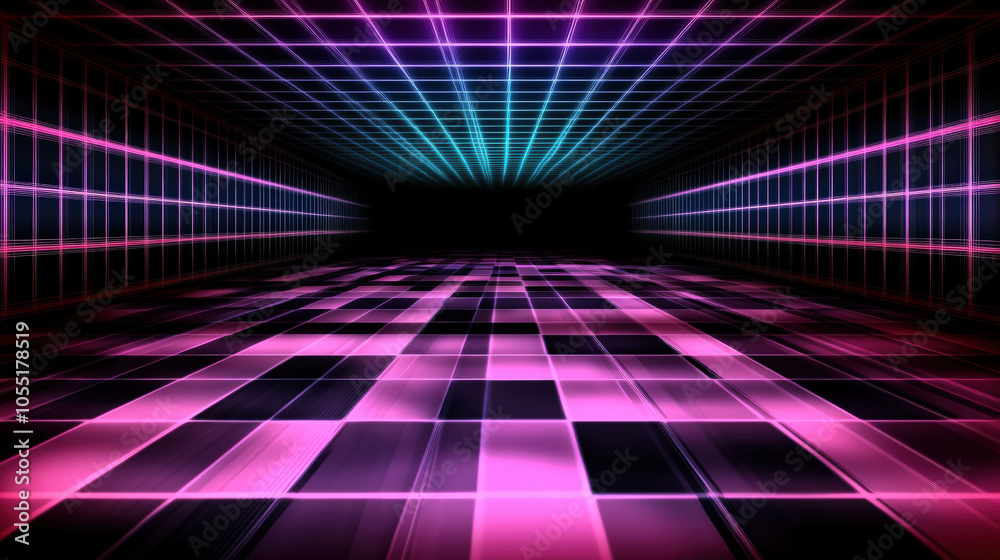 Futuristic neon grid with glowing lights in pink and blue tones, creating vibrant atmosphere. Ideal for sci fi themes and digital art Futuristic neon grid with glowing lights in pink and blue tones, creating vibrant atmosphere. Ideal for sci fi themes and digital art