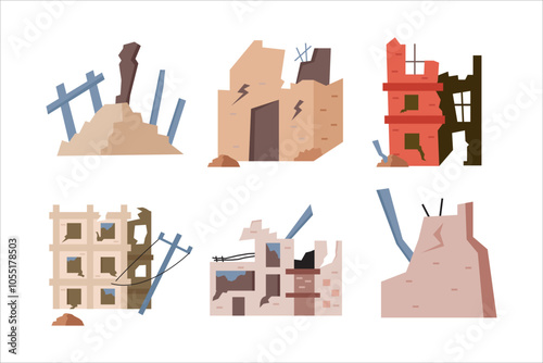 Set of old ruined building collection, abandoned and collapsed city office buildings. Apartment houses damaged war or earthquake. Broken town buildings, Destroyed buildings, collapsed walls and broken