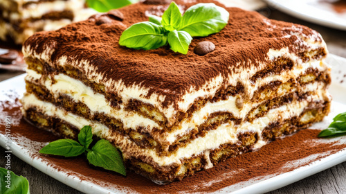 Delicious tiramisu dessert with layers of espresso soaked ladyfingers, creamy mascarpone, and cocoa powder, garnished with fresh basil leaves