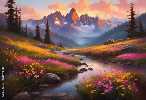 stunning sunrise casting warm hues over serene mountain peaks illuminating landscape golden pink tones, aerial, backdrop, beauty, canvas, color, dawn