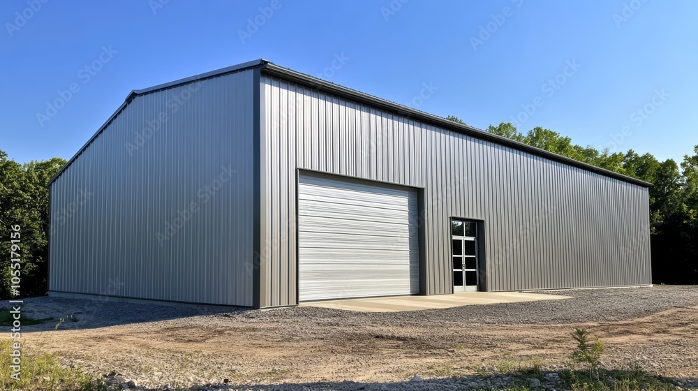 Modern Steel Building: A gleaming metal building with a large garage door and glass windows stands tall against a clear blue sky. It's a statement of practicality and modern design. Modern Steel Building: A gleaming metal building with a large garage door and glass windows stands tall against a clear blue sky. It's a statement of practicality and modern design.