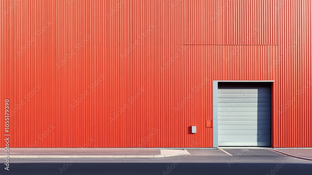 Red Wall, Silver Door: A minimalist architectural photograph capturing the stark contrast between a vibrant red corrugated metal wall and a sleek, silver rolling door. Red Wall, Silver Door: A minimalist architectural photograph capturing the stark contrast between a vibrant red corrugated metal wall and a sleek, silver rolling door.