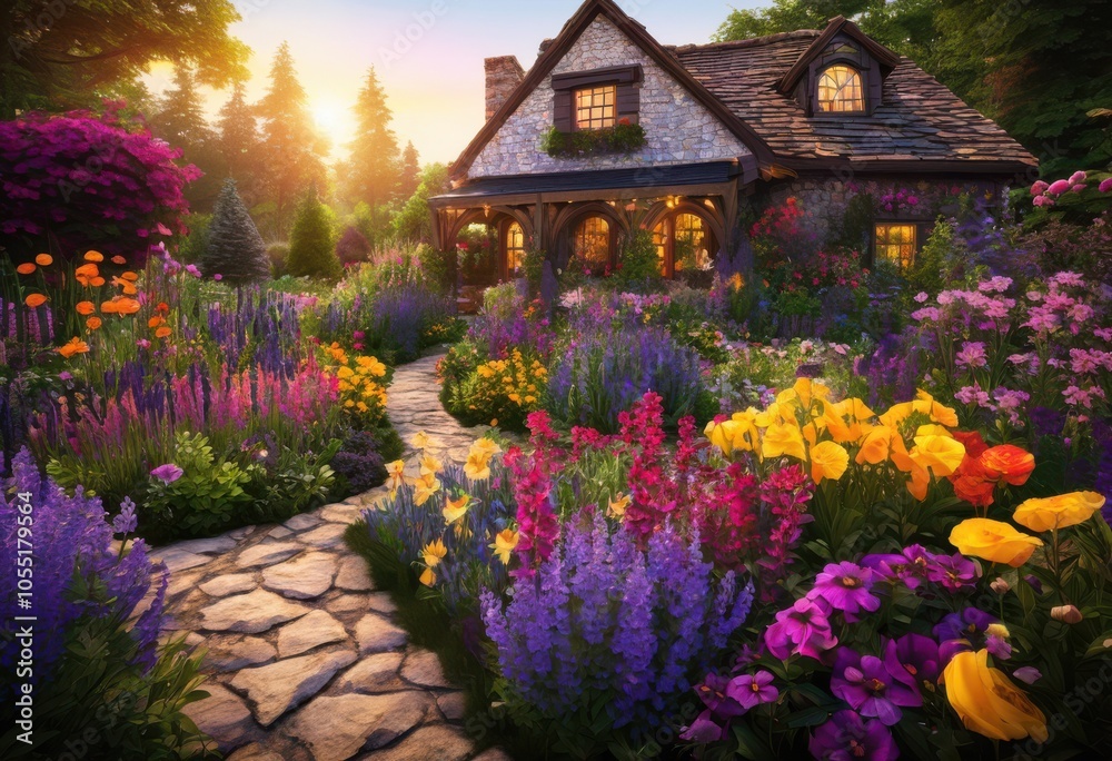 vibrant flower garden layout showcasing lush blooming flowers detailed soil textures comprehensive landscape design, annuals, appeal, arrangement