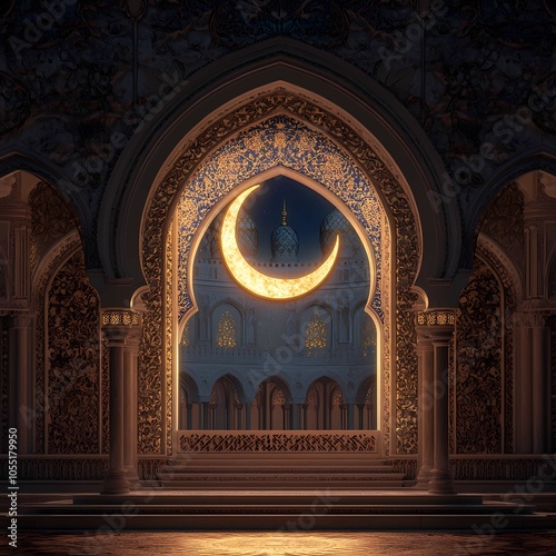 3D illustration of a crescent moon with a detailed mosque on an Islamic podium, warm ambient light, intricate Islamic patterns, serene 