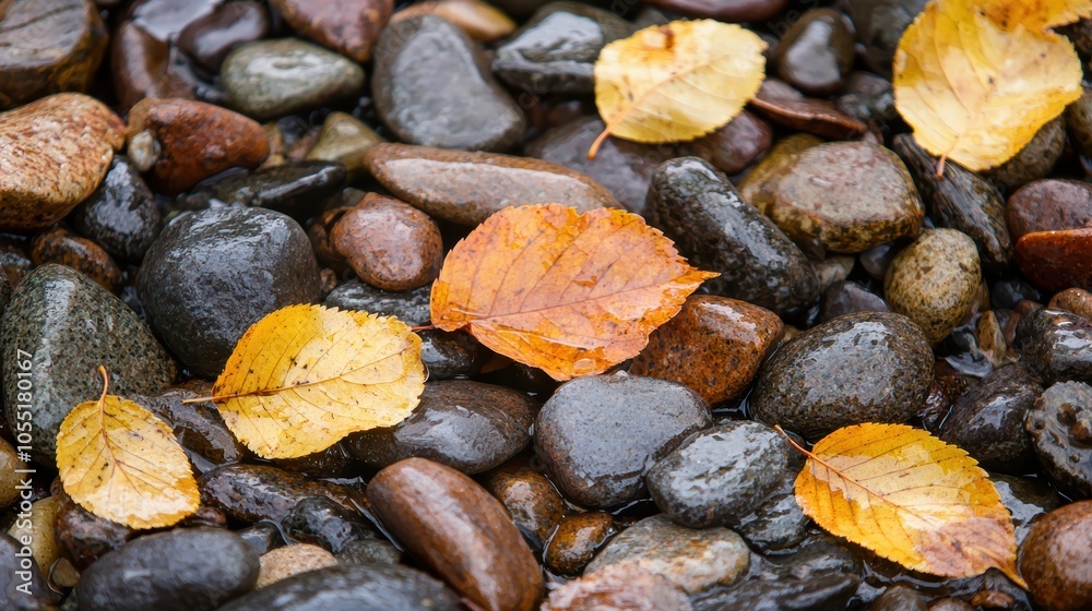 Beautiful autumn leaves resting on smooth pebbles by a tranquil stream a serene nature scene capturing the essence of fall's splendor Beautiful autumn leaves resting on smooth pebbles by a tranquil stream a serene nature scene capturing the essence of fall's splendor