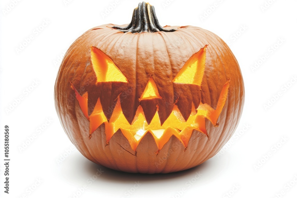 carved pumpkin Jack-o'-lantern with a classic Halloween face design--triangular eyes and nose, with a wide, toothy grin, with detailed carvings and a glowing inside, white background carved pumpkin Jack-o'-lantern with a classic Halloween face design--triangular eyes and nose, with a wide, toothy grin, with detailed carvings and a glowing inside, white background