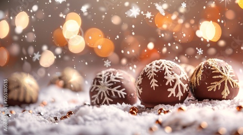 Delicious luxury chocolate truffles and snowflakes on a snowy Christmas background with bokeh lights. A Christmas and New Year food concept.