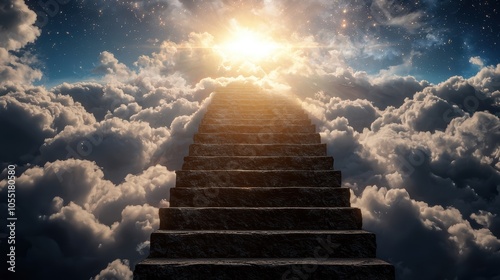 Journey to the celestial heights a stairway ascending through the clouds towards eternal light and possibility