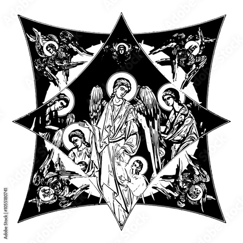 Guardian Angel on cross dome with 4 apostles, angels and seraphim. Ink illustration black and white in Byzantine style isolated