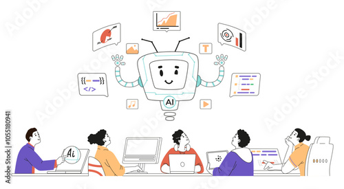 Group of different professionals sitting at one desk interacting with artificial intelligence concept. Men and women hugging with AI robot character linear vector illustration isolated on white.
