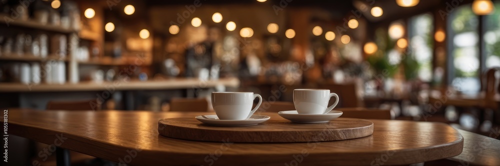 Coffee shop featuring a cozy shelf and table setup with bokeh background Coffee shop featuring a cozy shelf and table setup with bokeh background