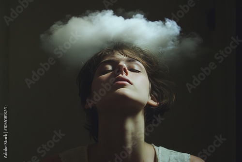 a person with a flu, and a little grey cloud is on top on his head , under the weather