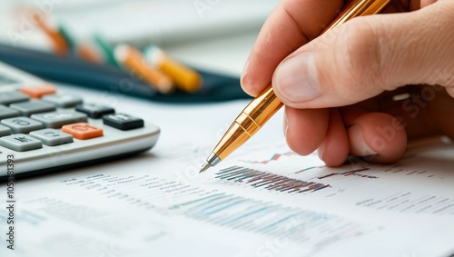 A focused hand grips a golden pen, ready to annotate colorful graphs on a financial document. The calculator rests nearby, hinting at the analytical mood of the scene.