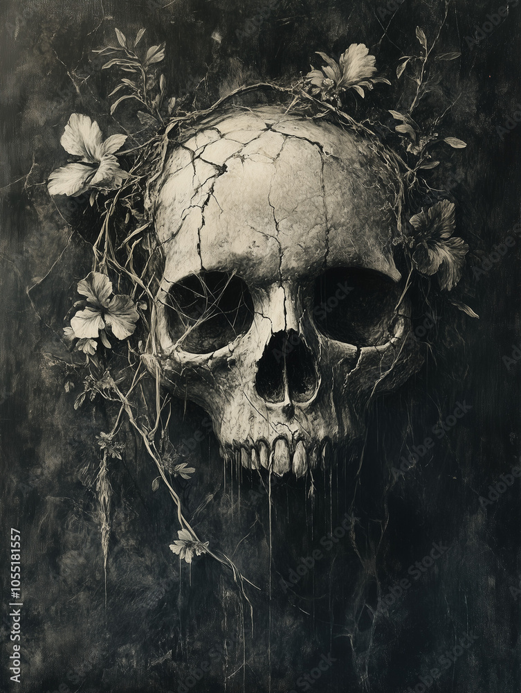 Cracked human skull with vines and flowers on dark textured background Cracked human skull with vines and flowers on dark textured background