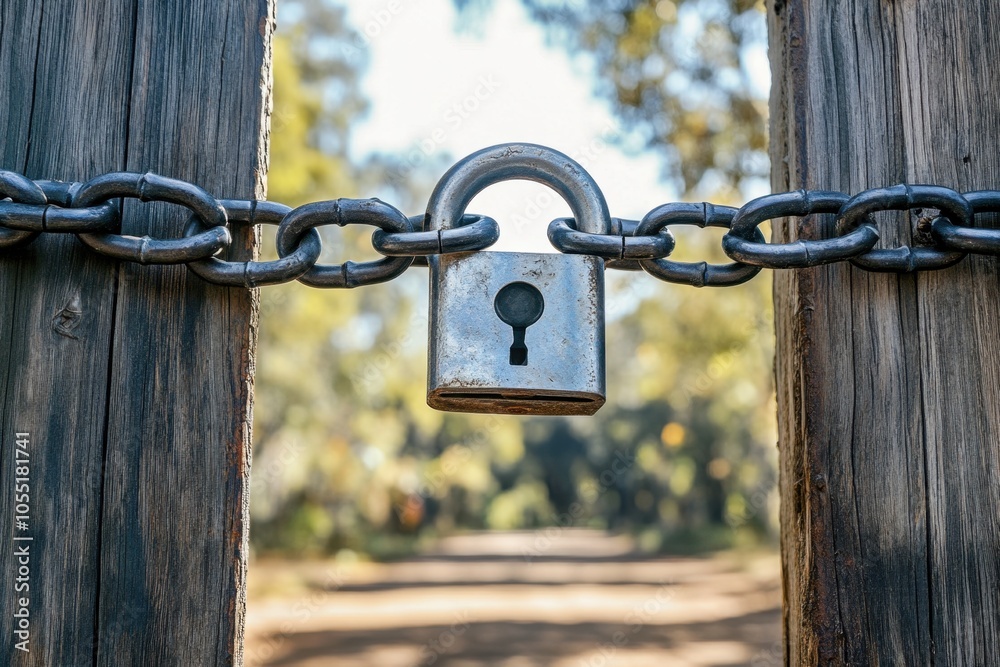 A heavy chain wrapped around a padlocked gate, symbolizing security, restriction, and protection, with the cold metal glinting in sunlight and a weathered, wooden gate behind it