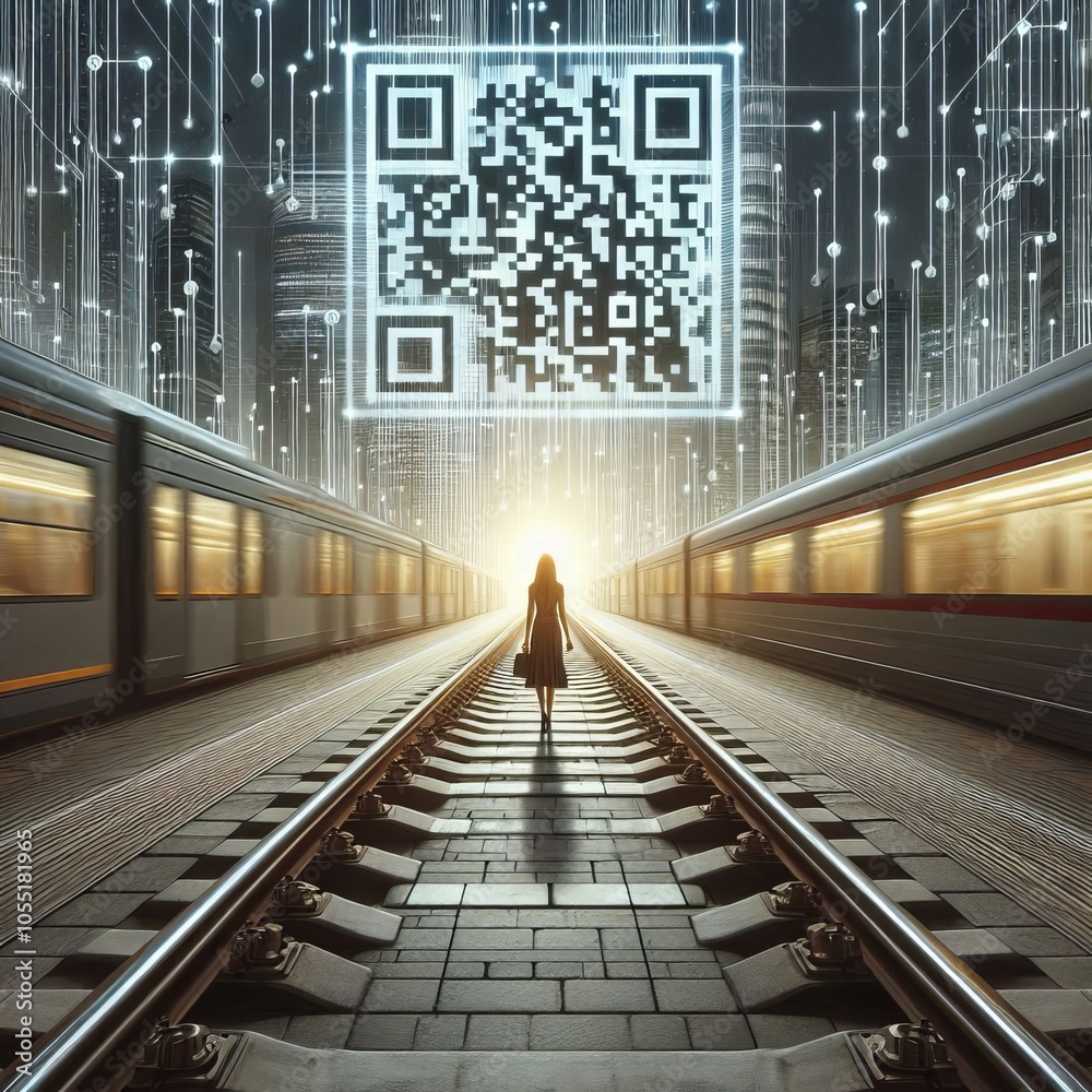 47 Tram tracks forming QR code woman walking along them Izobraje 47 Tram tracks forming QR code woman walking along them Izobraje