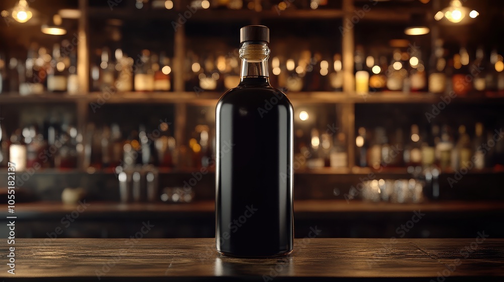 A tall liquor bottle of dark liquid stands out on the bar counter, enhancing the decor A tall liquor bottle of dark liquid stands out on the bar counter, enhancing the decor